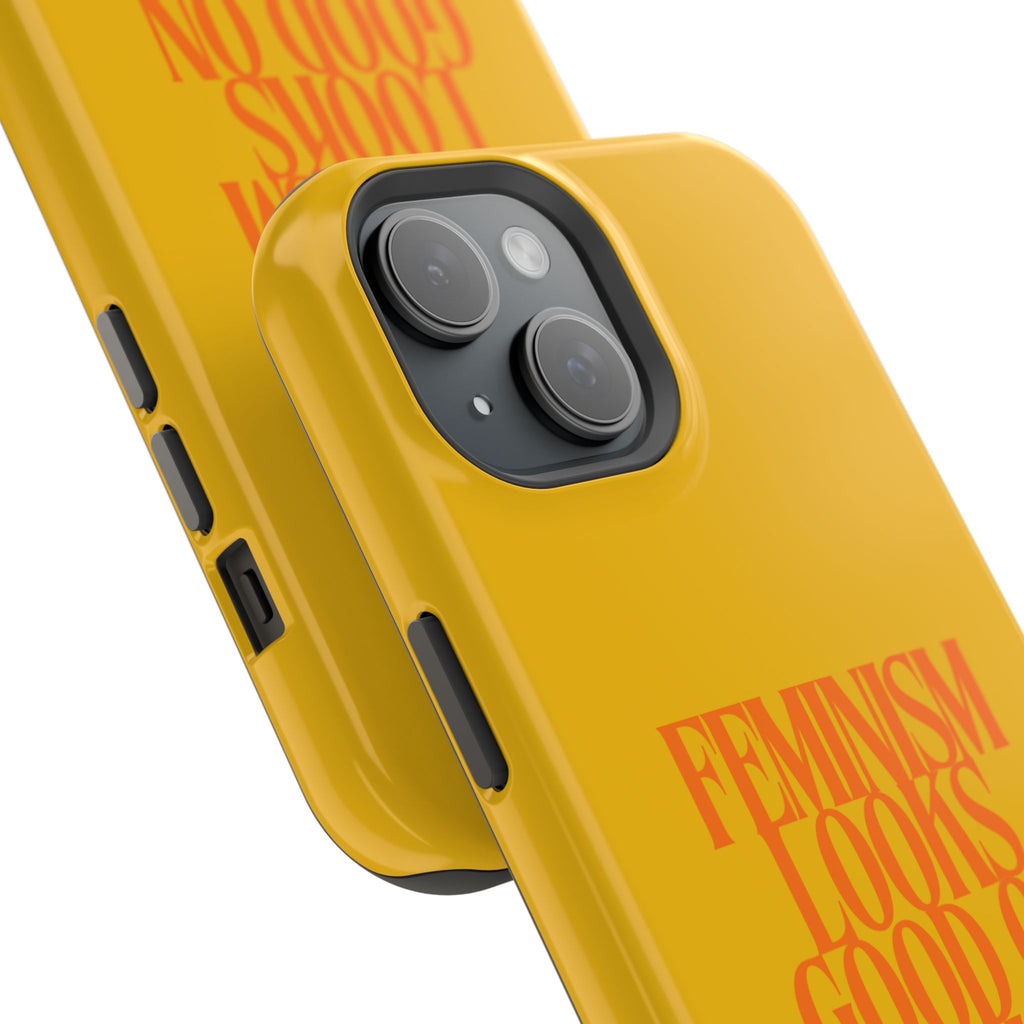 Feminism Looks Good On You Phone Case | Impact-Resistant Yellow Feminist Quote