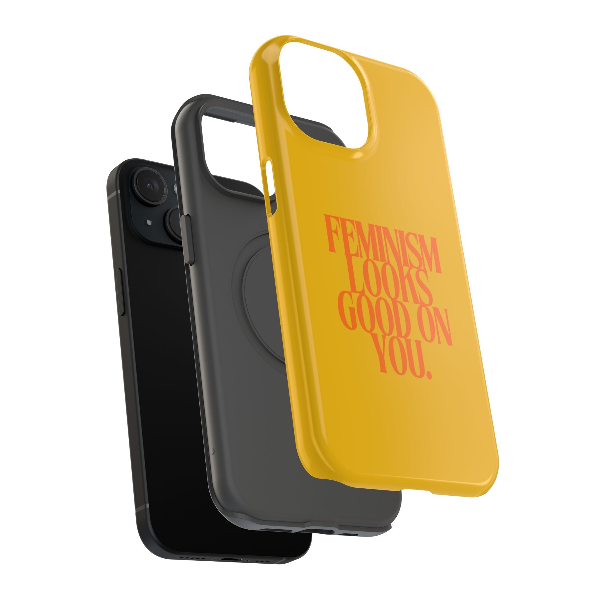 Feminism Looks Good On You Phone Case | Impact-Resistant Yellow Feminist Quote